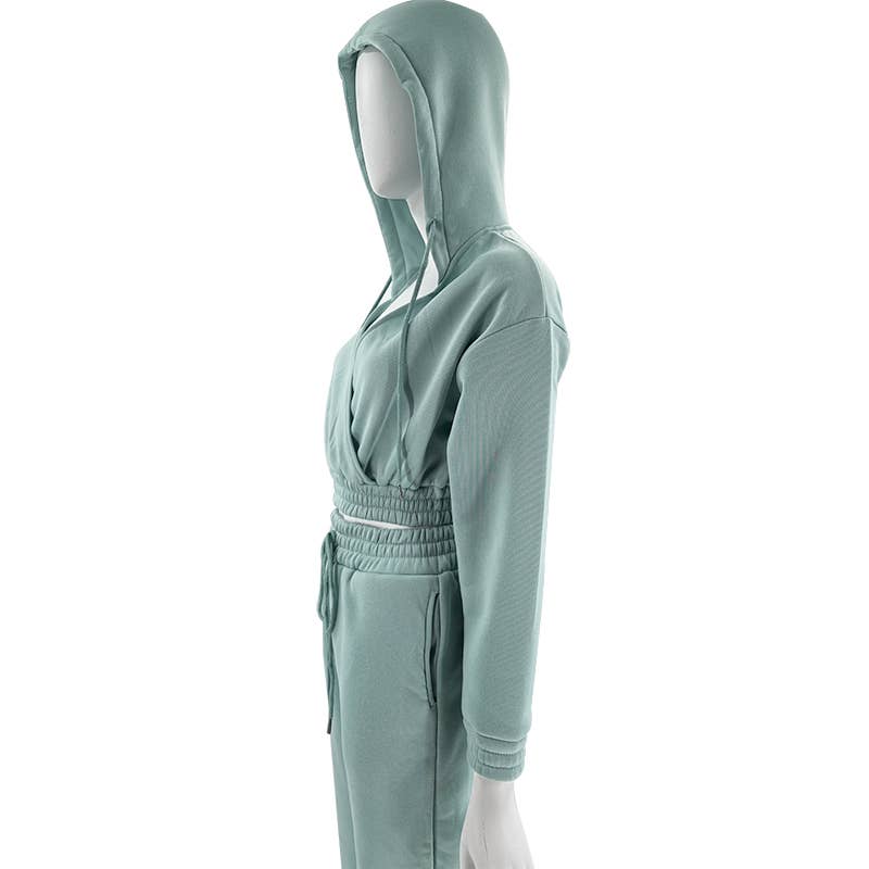 v-neck elastic hem crop hoodie & drawstring sweatpant set