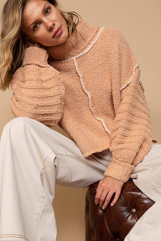 Turtle neck long balloon sleeves chenille pullover sweater: APRICOT