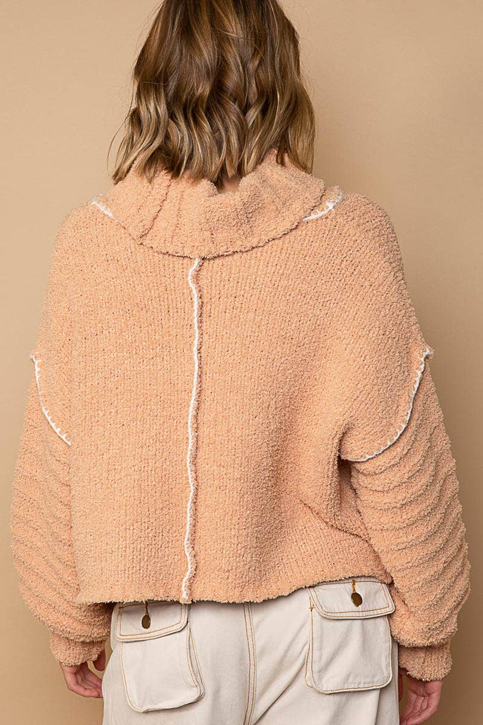 Turtle neck long balloon sleeves chenille pullover sweater: APRICOT