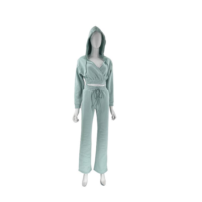 v-neck elastic hem crop hoodie & drawstring sweatpant set: Apricot / XL