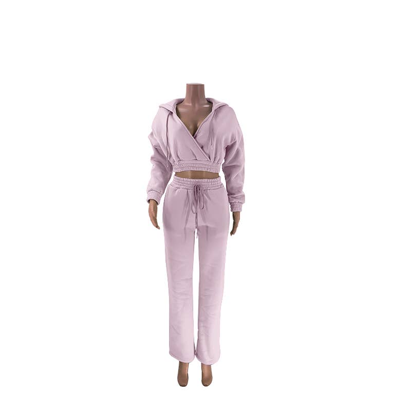 v-neck elastic hem crop hoodie & drawstring sweatpant set: Apricot / XL