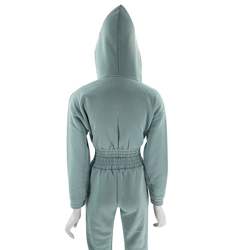 v-neck elastic hem crop hoodie & drawstring sweatpant set