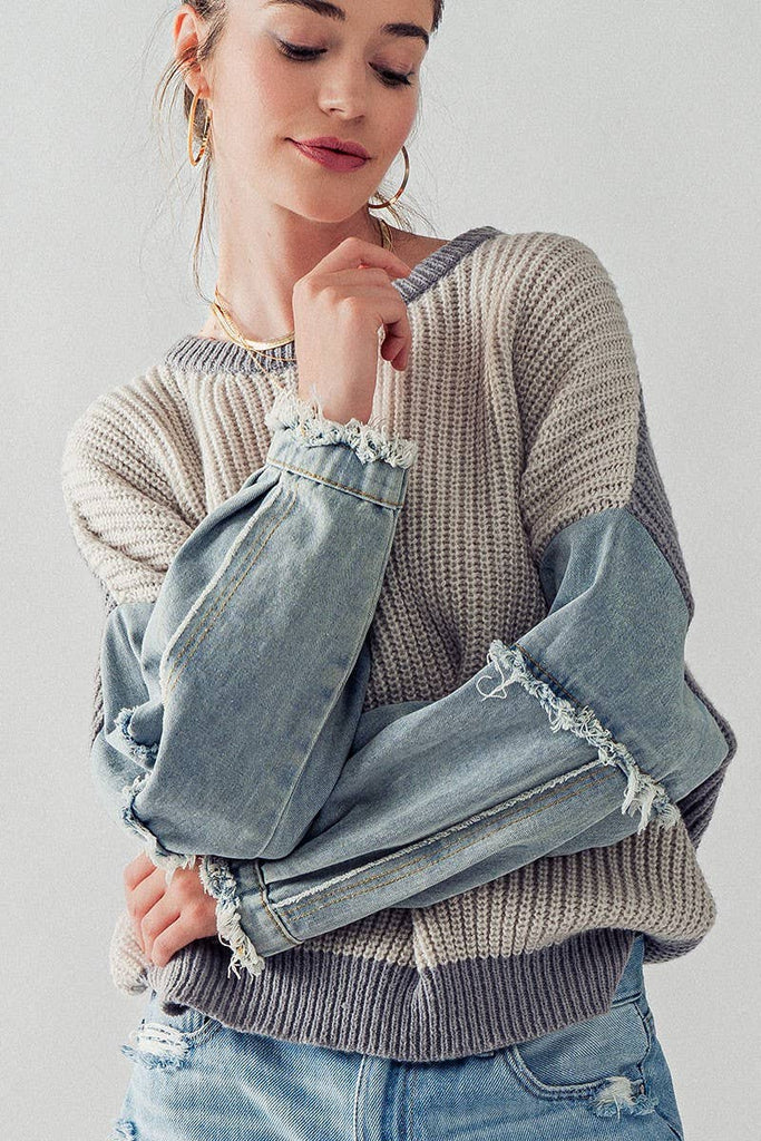 DENIM SLEEVE TWO TONE KNIT SWEATER: TAUPE / S/M-M/L:3-3