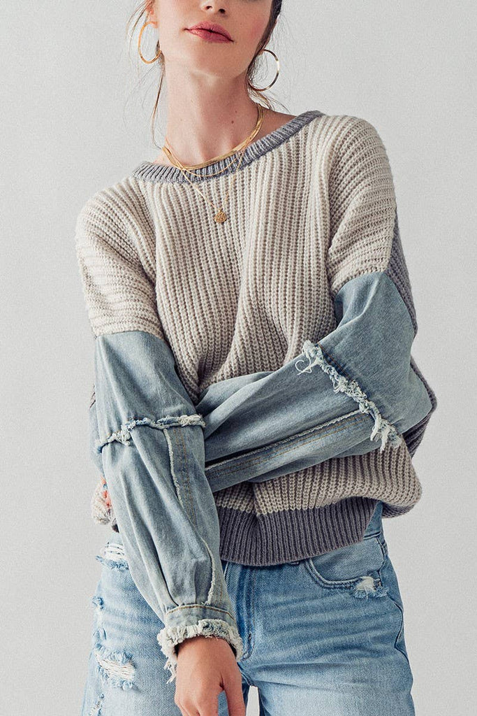 DENIM SLEEVE TWO TONE KNIT SWEATER: TAUPE / S/M-M/L:3-3