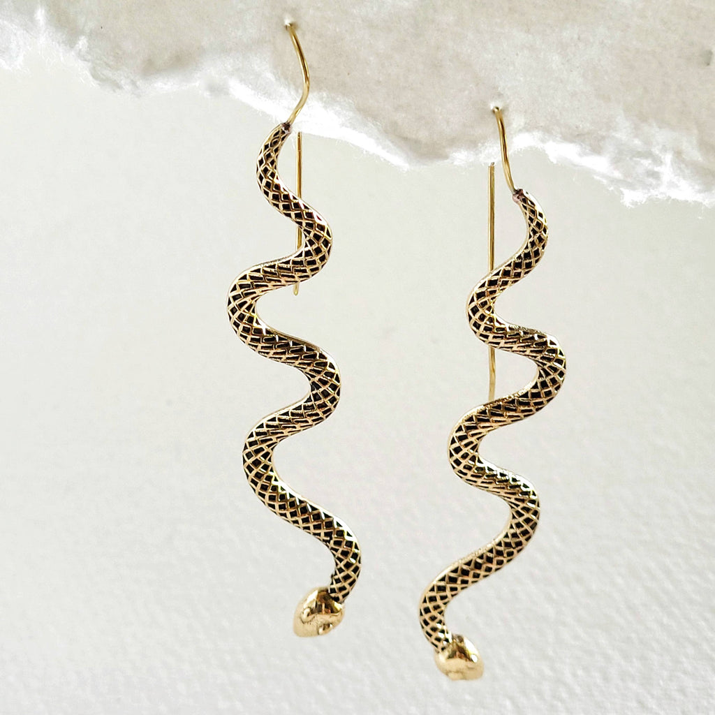 Brass snake serpent long handmade wire earrings