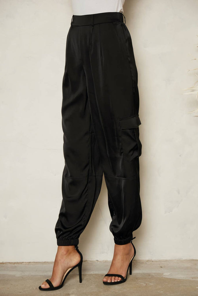 High Waisted Satin Utility Trousers: MIDNIGHT BLACK
